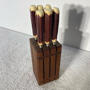 Vintage J Craft Wooden Knife Block W Faux Antler Cutron Canada Steak Knife Set